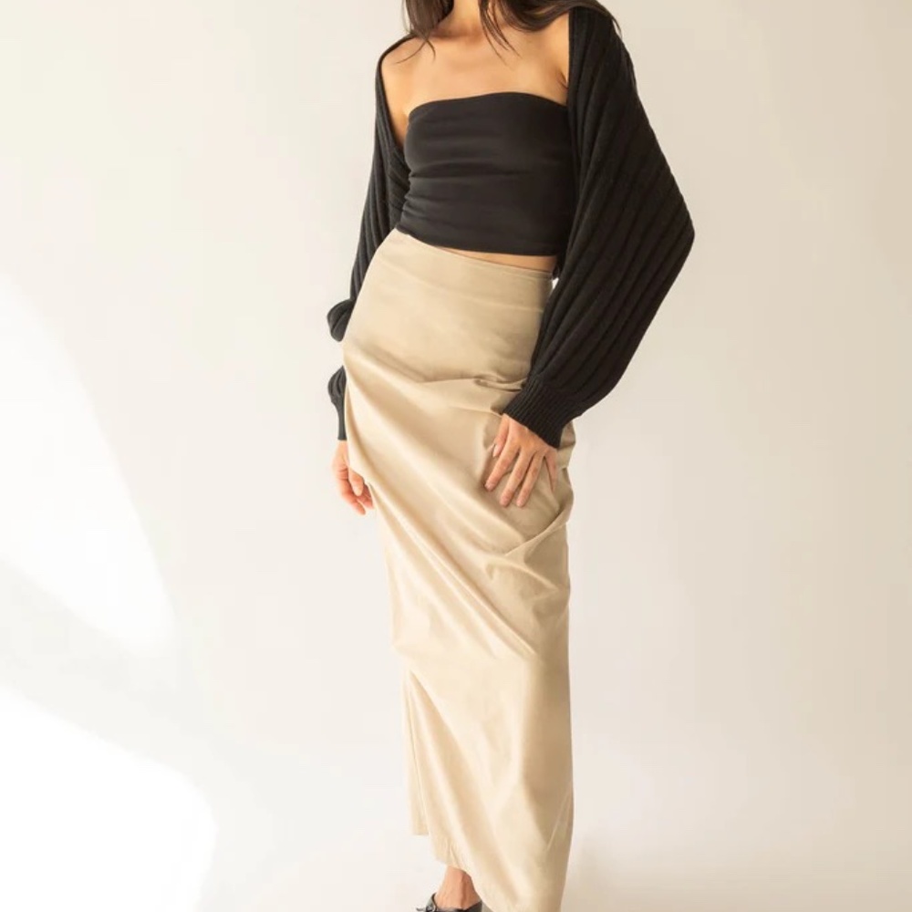 Oak + Fort Black Poplin Midi Skirt | Size Medium | Elastic Waistband